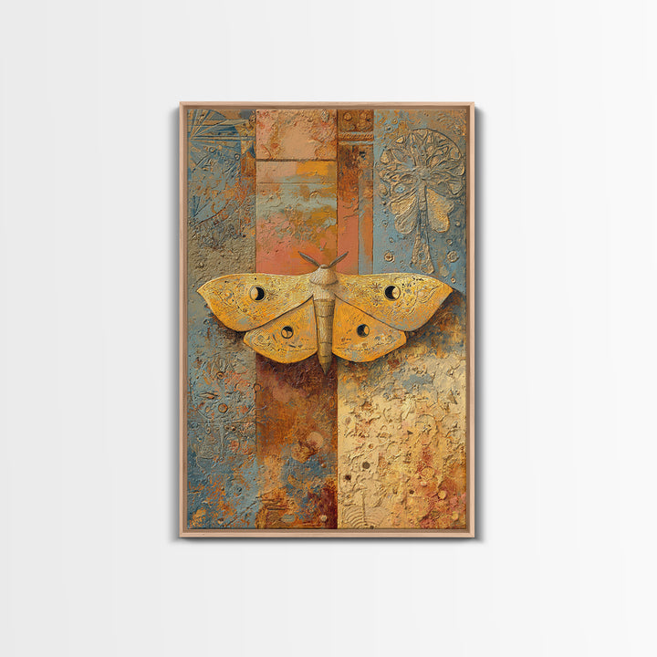 Golden Moth with Moon and Stars Framed Canvas Print, Boho Art, Living Room Wall Art, Living Room Decor, Fine Art, Bohemian, BOH-2x3-97