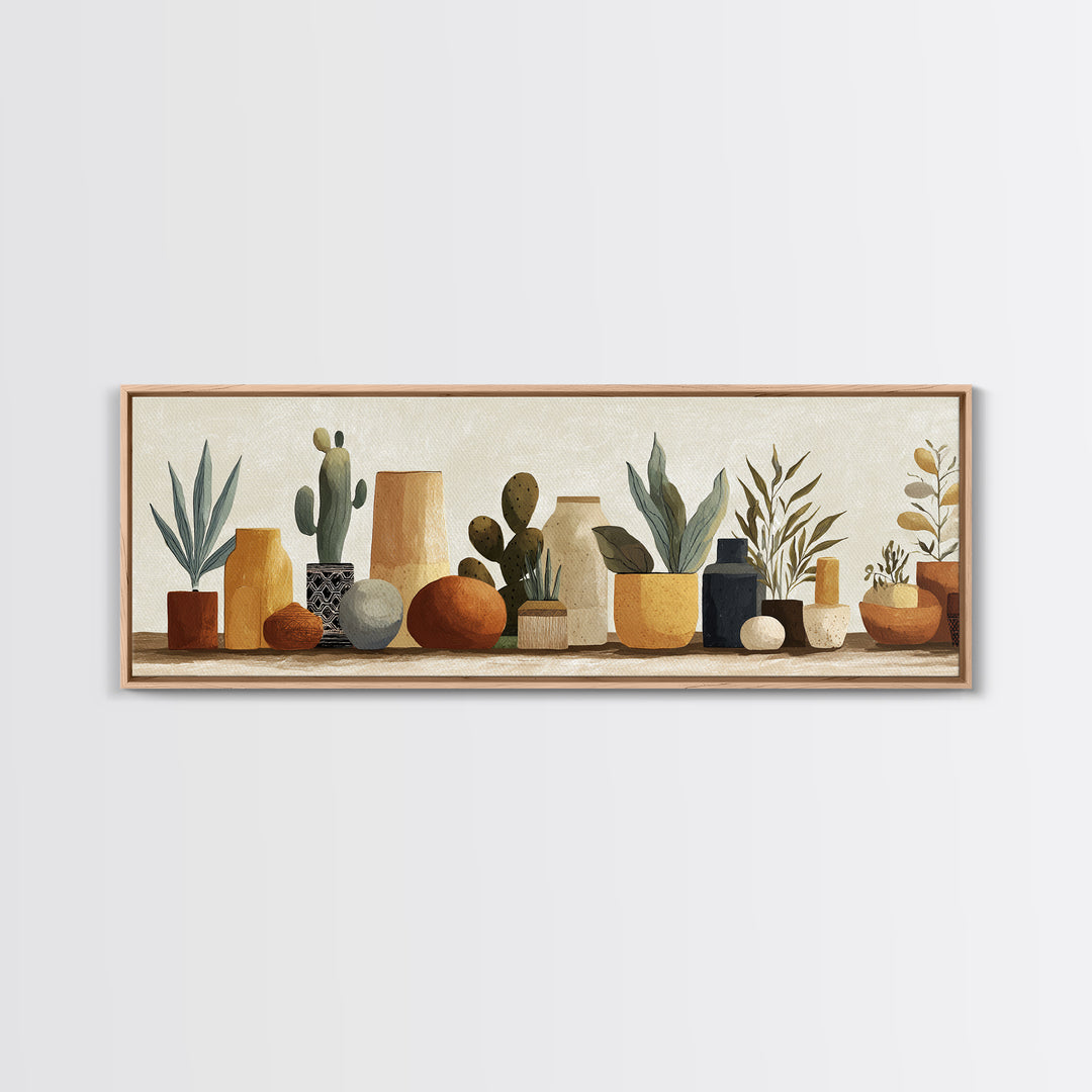 Warm Neutral Cactus Garden Illustration Canvas Print, Boho Art, Abstract Art, Living Room Decor, Bohemian 234, Set of Prints, BOH-3x1-34