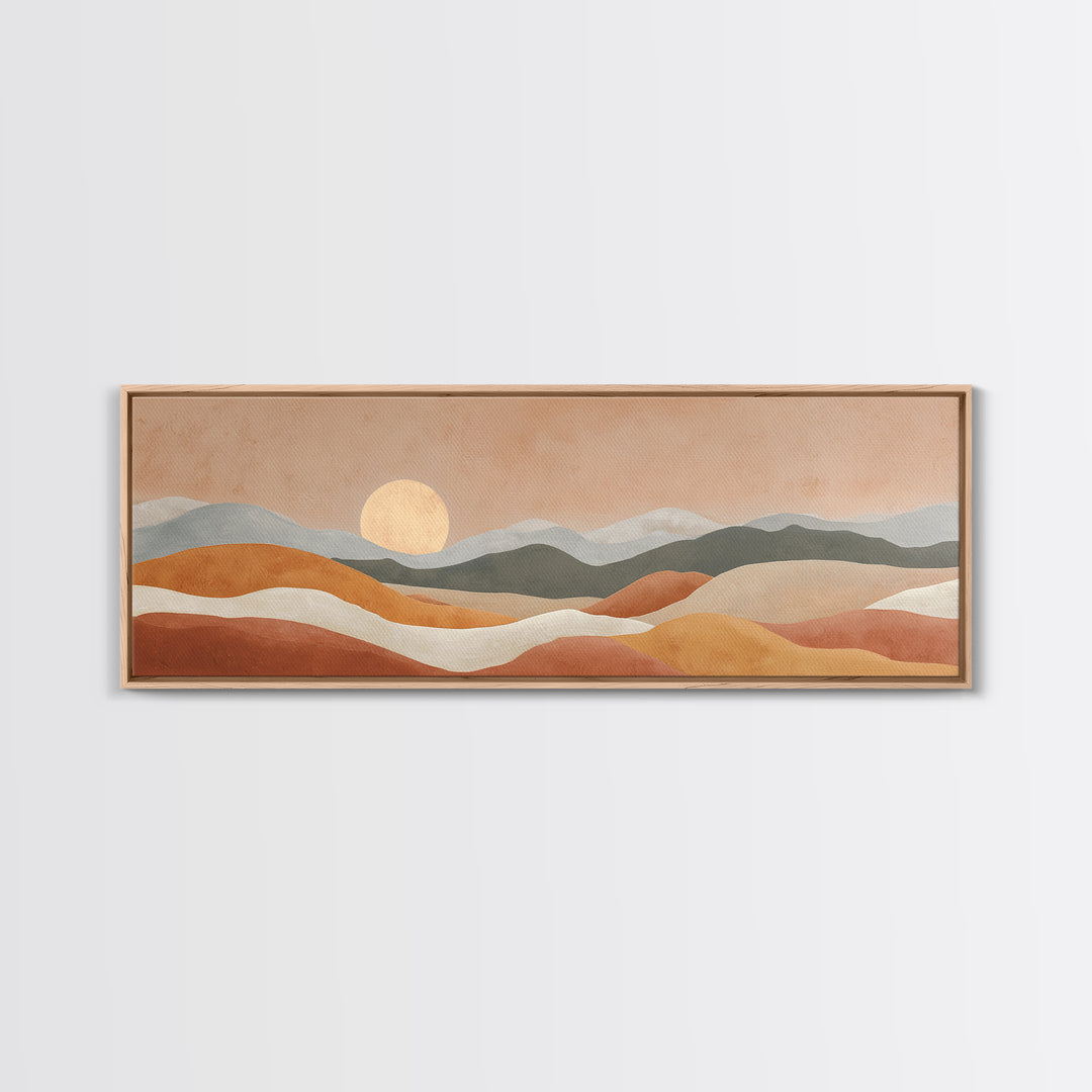 Sunrise over Rolling Dunes in Muted Peach Framed Canvas Print, Boho Art, Wall Art Set, Living Room Decor, Watercolor Art, BOH-3x1-37