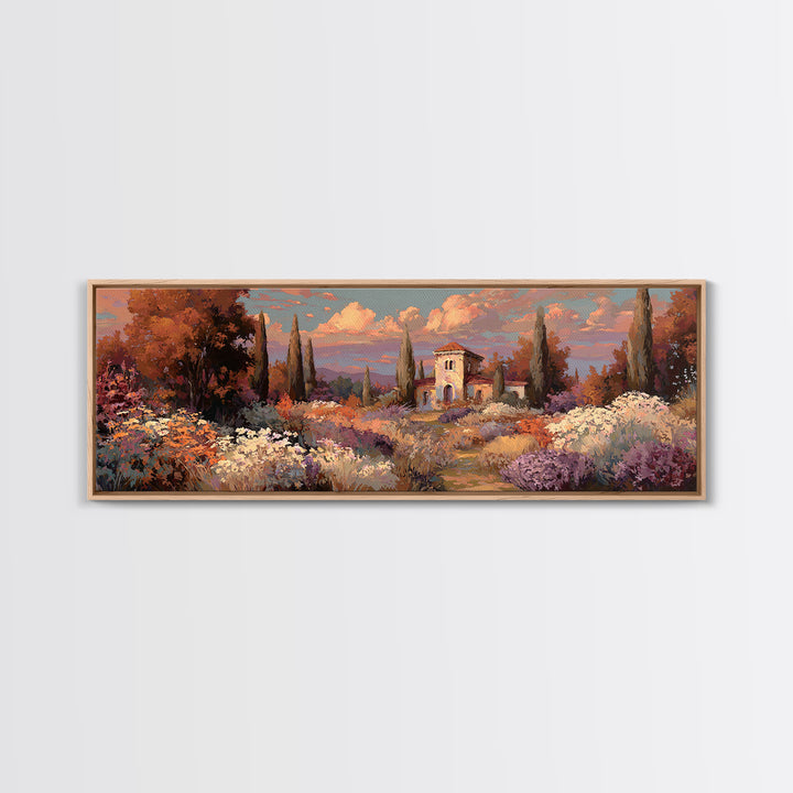 Burnt Orange Floral Field at Sunset Framed Canvas Print, Boho Art, Boho Wall Art, Living Room Decor, Fine Art, Bohemian, BOH-3x1-5