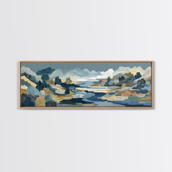 Earth Tone Mountain and River Abstraction Framed Canvas Print, Boho Art, Boho, Living Room Decor, Oil Painting, Bohemian, BOH-3x1-51