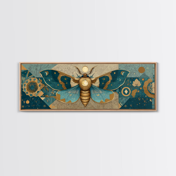 Golden Moth with Moon and Stars Framed Canvas Print, Boho Art, Statement Artwork, Living Room Decor, Fine Art, Bohemian, BOH-3x1-57