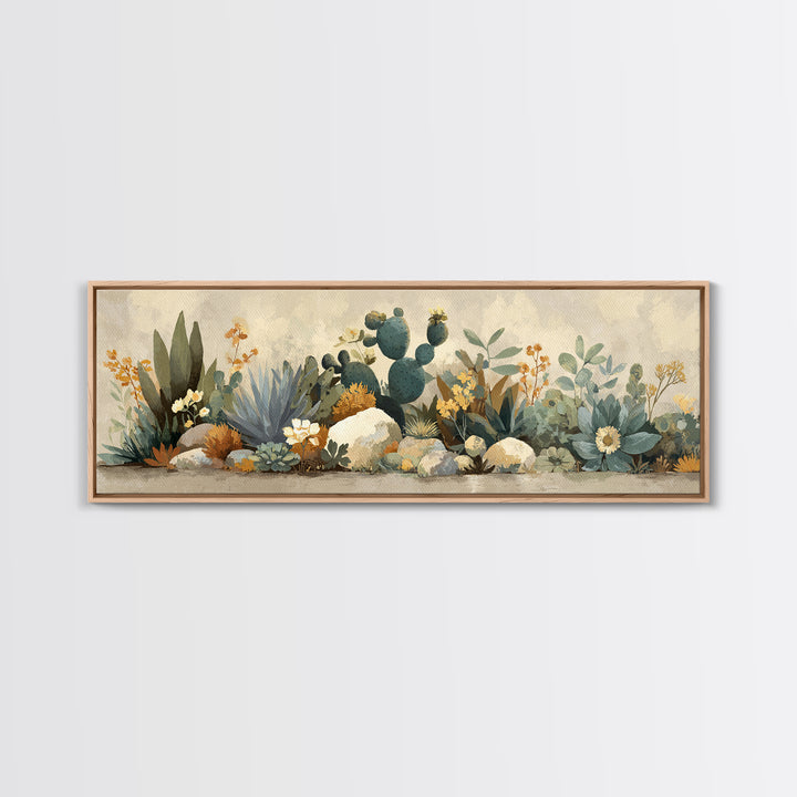 Warm Neutral Cactus Garden Illustration Framed Canvas Print, Boho Art, Boho Wall Art, Living Room Decor, Oil Painting, Bohemian, BOH-3x1-58