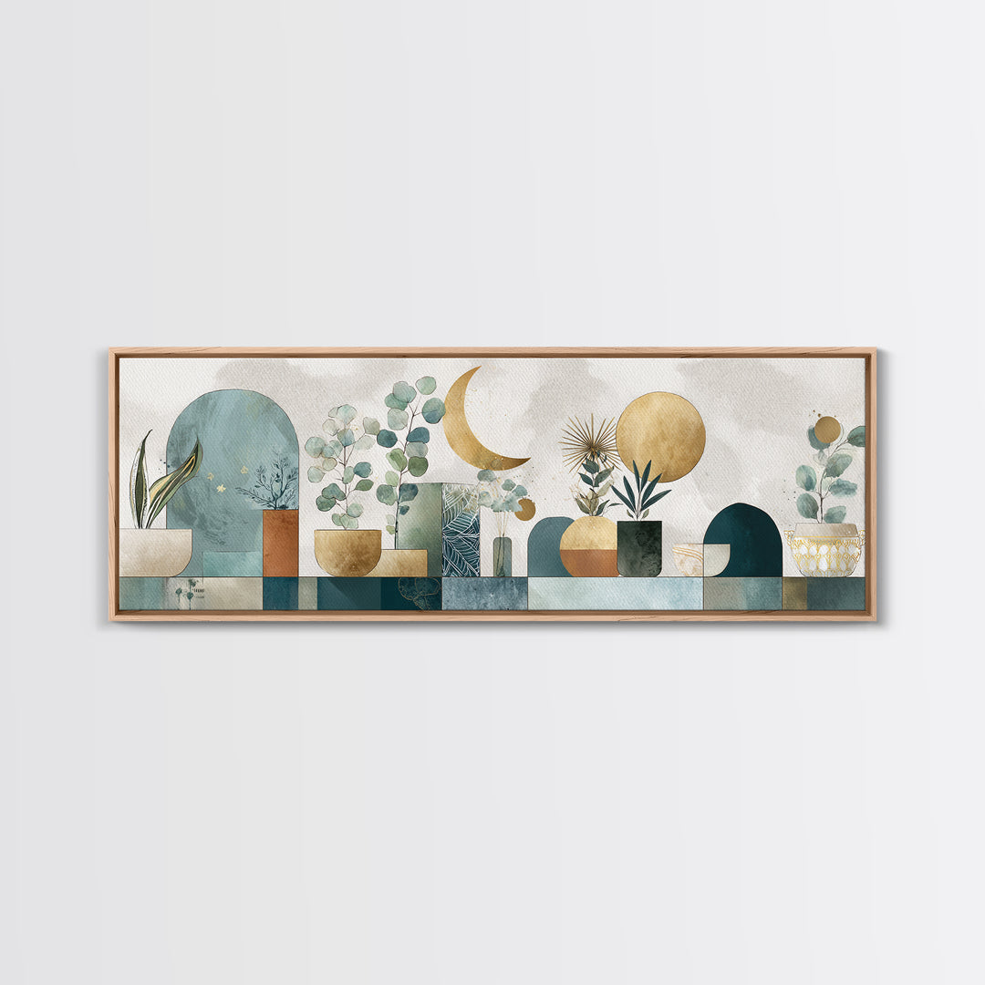 Sage Green Eucalyptus and Crescent Moon Framed Canvas Print, Boho Art, Wall Decor, Living Room Decor, Fine Art, Bohemian, BOH-3x1-63