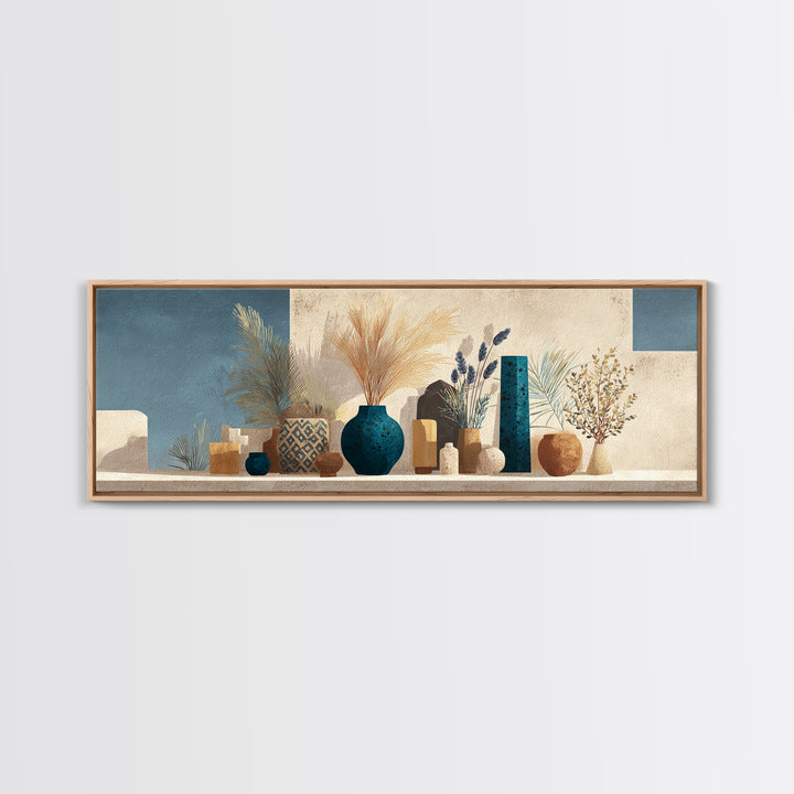 Bohemian Vase with Dried Pampas Grass Framed Canvas Print, Boho Art, Textured Painting, Living Room Decor, Fine Art, Bohemian, BOH-3x1-73