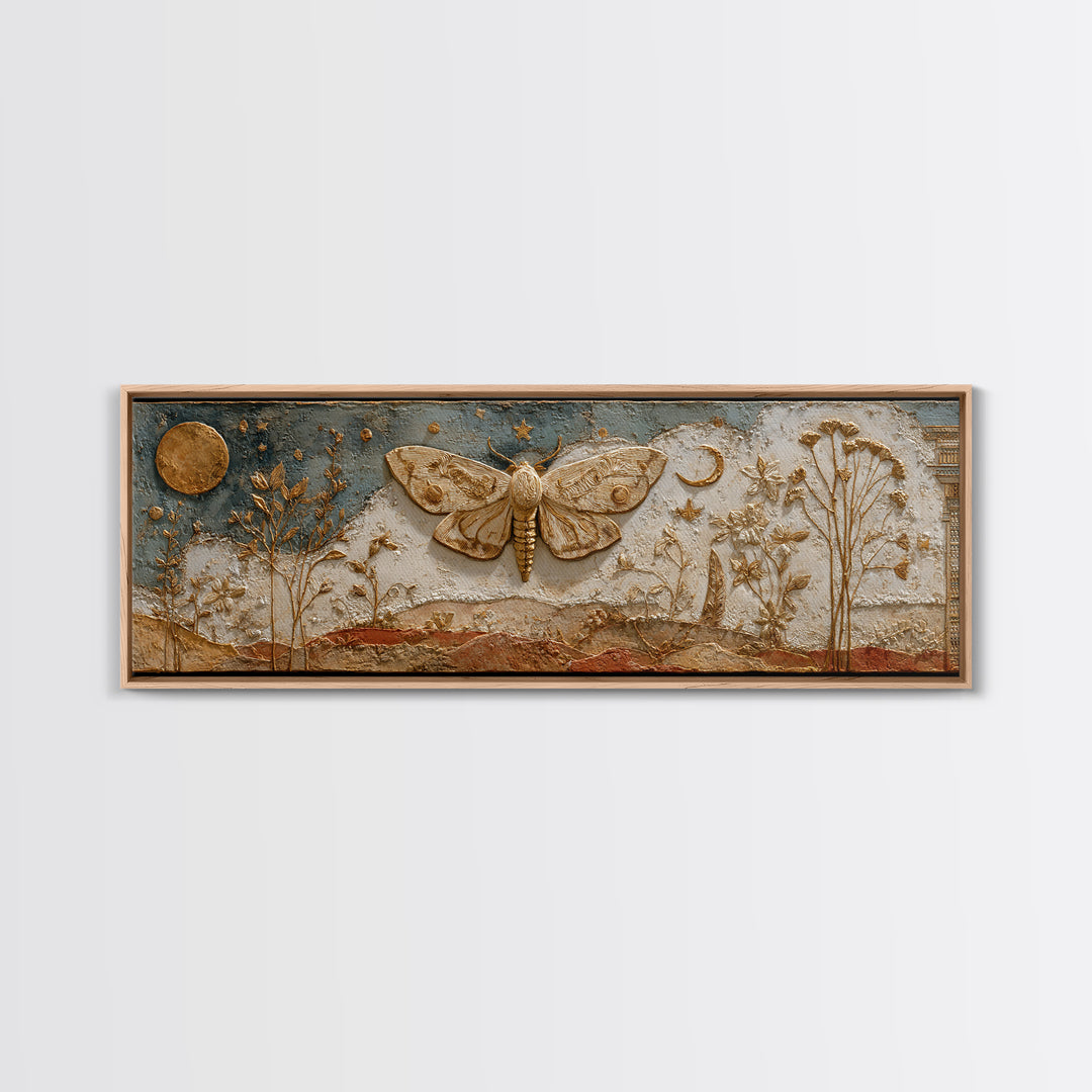 Golden Moth with Moon and Stars Framed Canvas Print, Boho Art, Statement Artwork, Living Room Decor, Fine Art, Bohemian, BOH-3x1-81