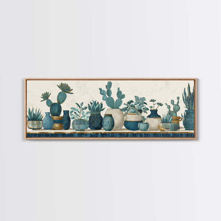 Warm Neutral Cactus Garden Illustration Framed Canvas Print, Boho Art, Boho Wall Art, Living Room Decor, Oil Painting, Bohemian, BOH-3x1-82