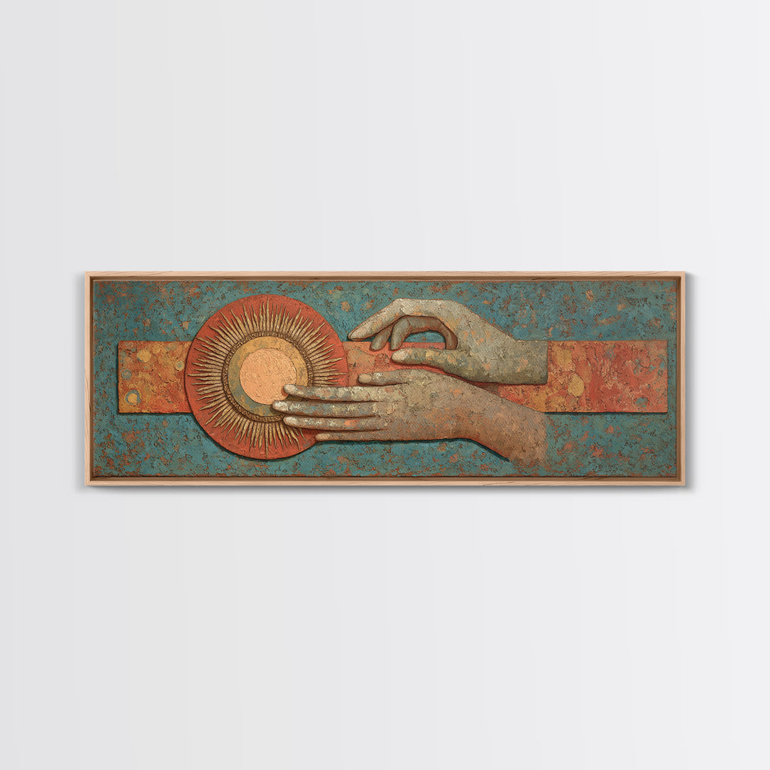 Mystic Hand Holding a Tiny Sun Canvas Print, Boho Art, Set of 3 Prints, Living Room Decor, Watercolor Art, Bohemian, BOH-3x1-94