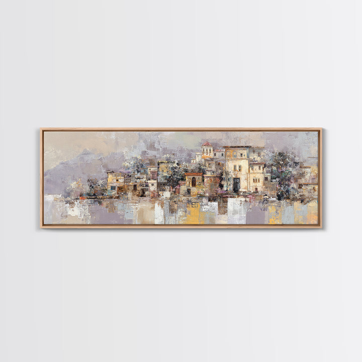 Earth Tone Mountain and River Abstraction Framed Canvas Print, Boho Art, Living Room Decor, Oil Painting, Bohemian, BOH-3x1-99