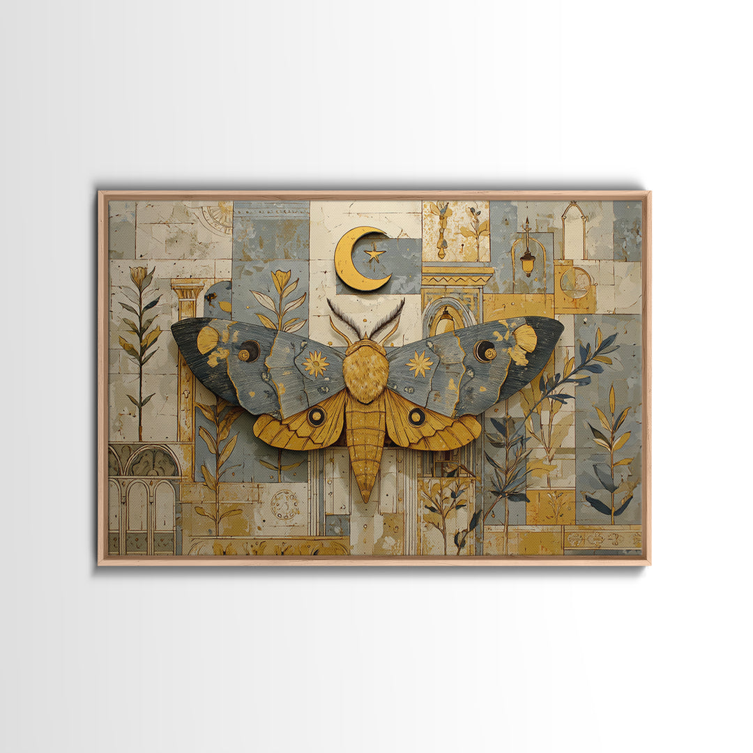 Golden Moth with Moon and Stars Canvas Print, Boho Art, Modern Decor, Living Room Decor, Fine Art, Bohemian, Wall Decor, BOH-3x2-21
