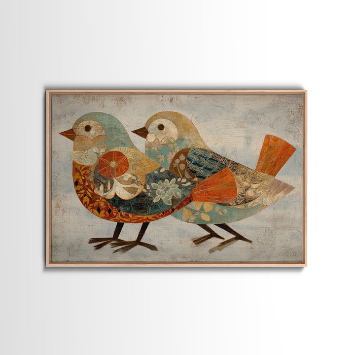 Boho Bird Pair Framed Canvas Print, Boho Art, Statement Artwork, Living Room Decor, Fine Art, Bohemian, Art Prints, Digital Art, BOH-3x2-24