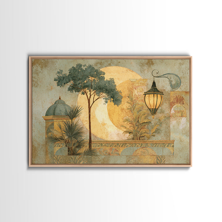 Sage Green Eucalyptus and Crescent Moon Framed Canvas Print, Boho Art, Wall Art, Living Room Decor, Fine Art, Bohemian, BOH-3x2-27
