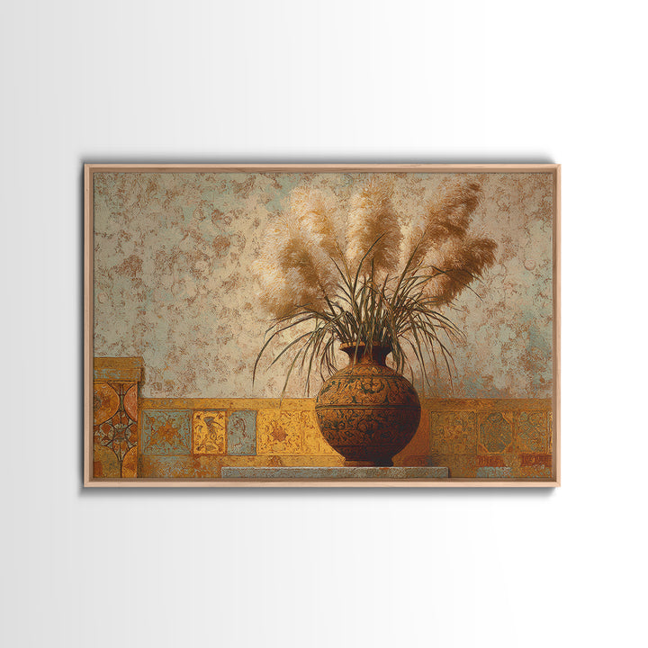 Bohemian Vase with Dried Pampas Grass Canvas Print, Boho Art, Luxury Decor, Living Room Decor, Oil Painting, Bohemian, BOH-3x2-37