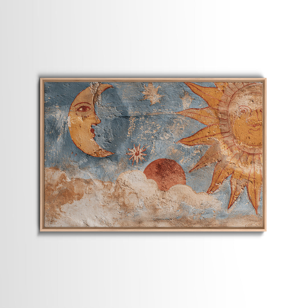 Sun and Moon Celestial Folk Motif Canvas Print, Boho Art, Wall Art Print, Living Room Decor, Fine Art, Bohemian, Luxury Decor, BOH-3x2-38