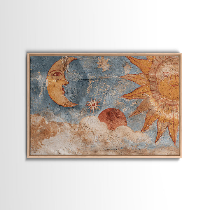 Sun and Moon Celestial Folk Motif Canvas Print, Boho Art, Wall Art Print, Living Room Decor, Fine Art, Bohemian, Luxury Decor, BOH-3x2-38