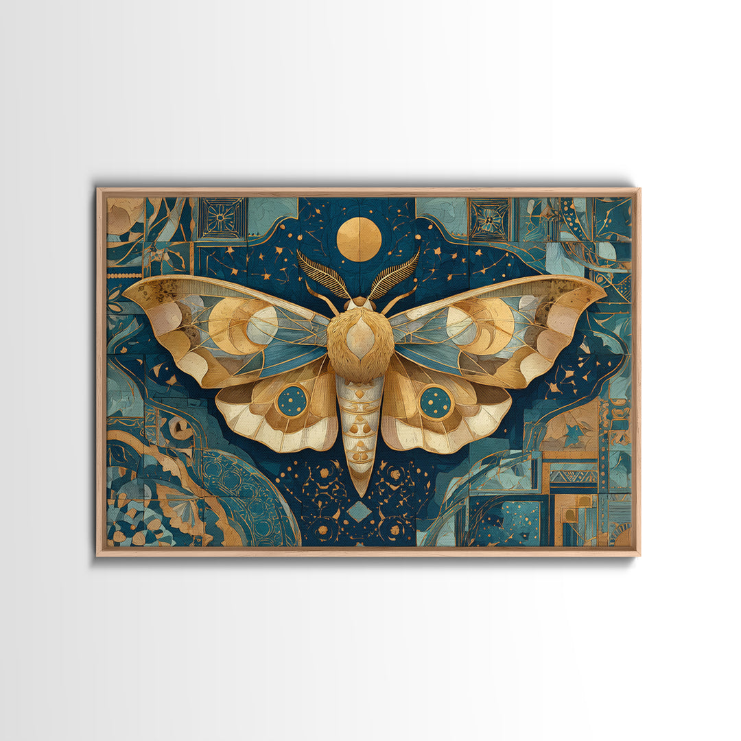 Golden Moth with Moon and Stars Framed Canvas Print, Boho Art, Textured Painting, Living Room Decor, Fine Art, Bohemian, BOH-3x2-45