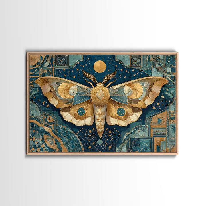 Golden Moth with Moon and Stars Framed Canvas Print, Boho Art, Textured Painting, Living Room Decor, Fine Art, Bohemian, BOH-3x2-45