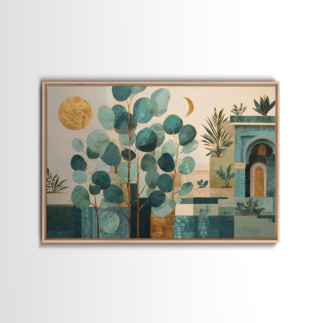 Sage Green Eucalyptus and Crescent Moon Canvas Print, Boho Art, Art Print, Living Room Decor, Fine Art, Bohemian, Digital Print, BOH-3x2-51
