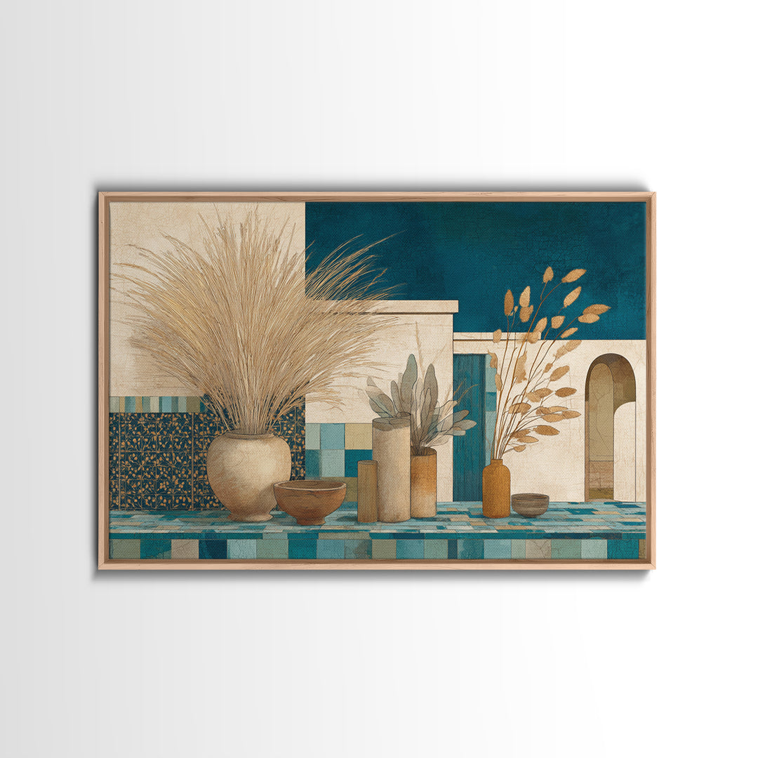 Bohemian Vase with Dried Pampas Grass Canvas Print, Boho Art, Luxury Decor, Living Room Decor, Oil Painting, Bohemian, BOH-3x2-61