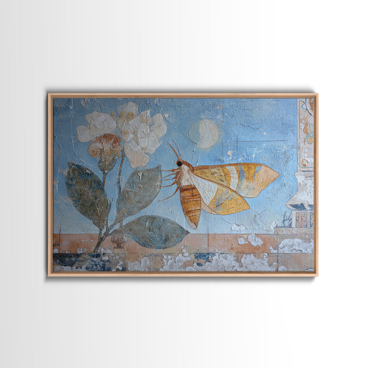 Golden Moth with Moon and Stars Framed Canvas Print, Boho Art, Textured Painting, Living Room Decor, Fine Art, Bohemian, BOH-3x2-69