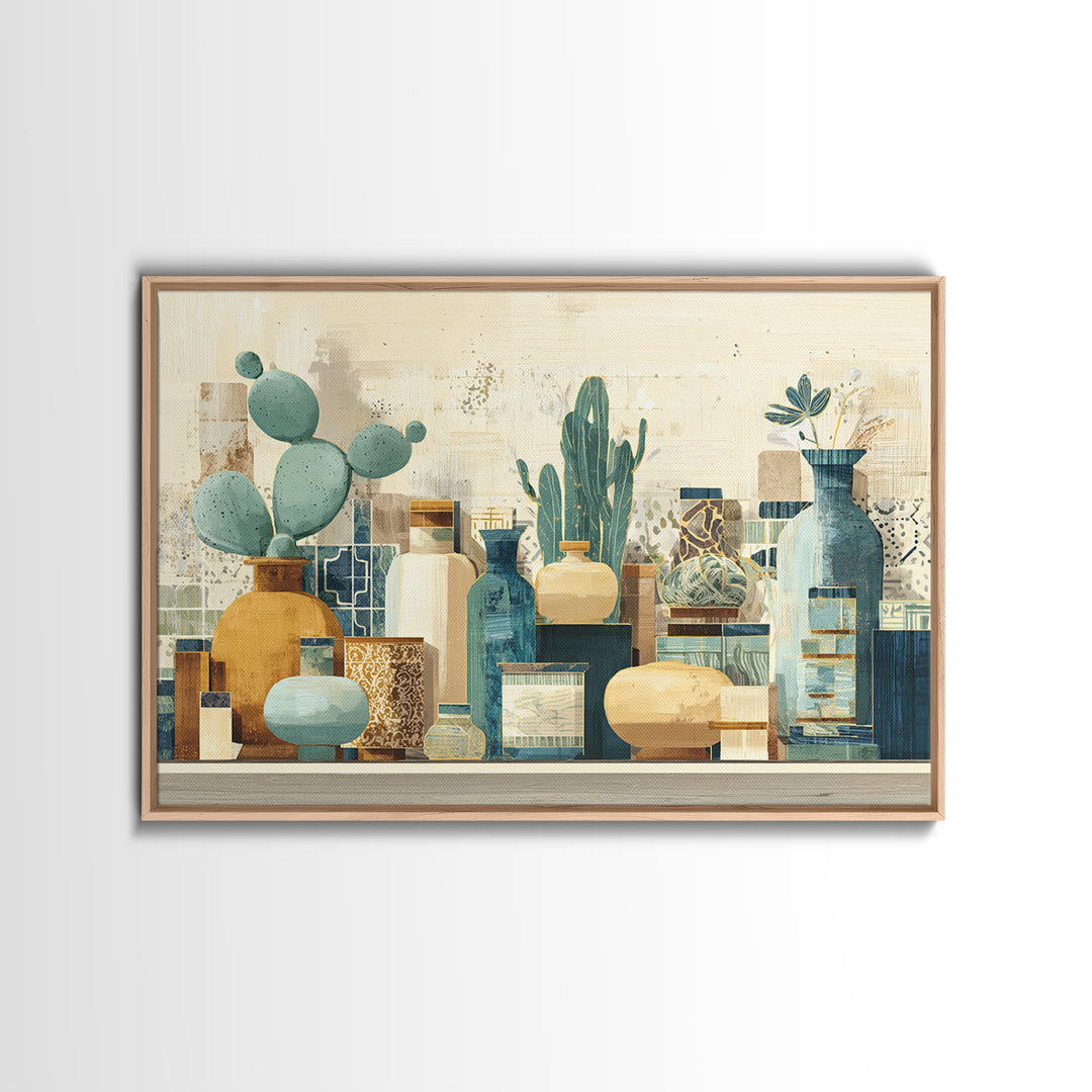 Warm Neutral Cactus Garden Illustration Framed Canvas Print, Boho Art, Boho Decor, Living Room Decor, Fine Art, Bohemian, BOH-3x2-70