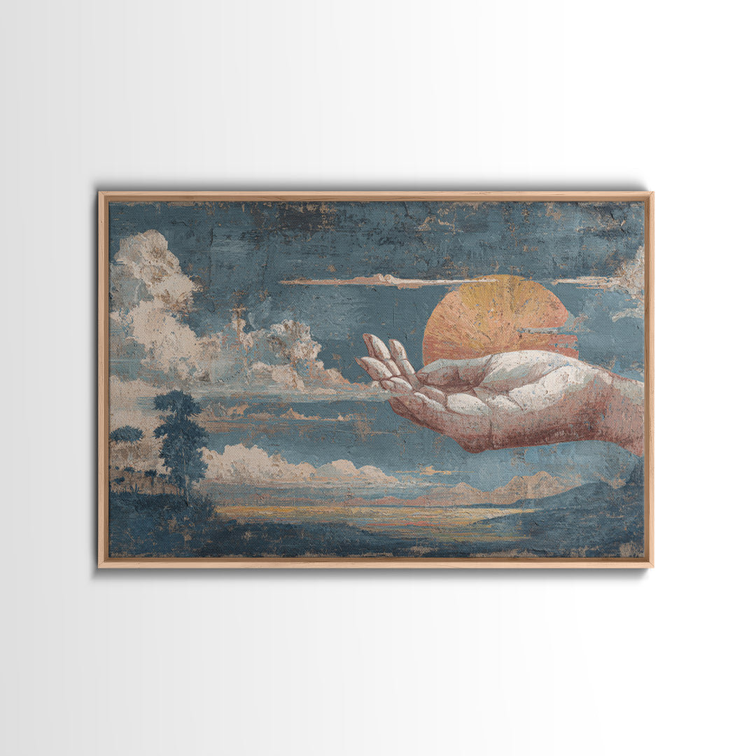 Mystic Hand Holding a Tiny Sun Framed Canvas Print, Boho Art, Statement Artwork, Living Room Decor, Oil Painting, Bohemian, BOH-3x2-82