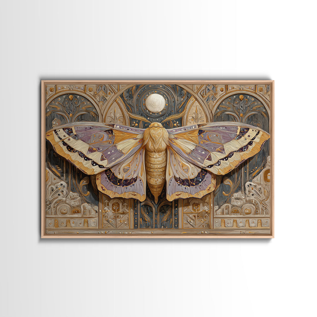 Golden Moth with Moon and Stars Canvas Print, Boho Art, Art, Living Room Decor, Fine Art, Bohemian, Wallart, Art Nouveau, BOH-3x2-93