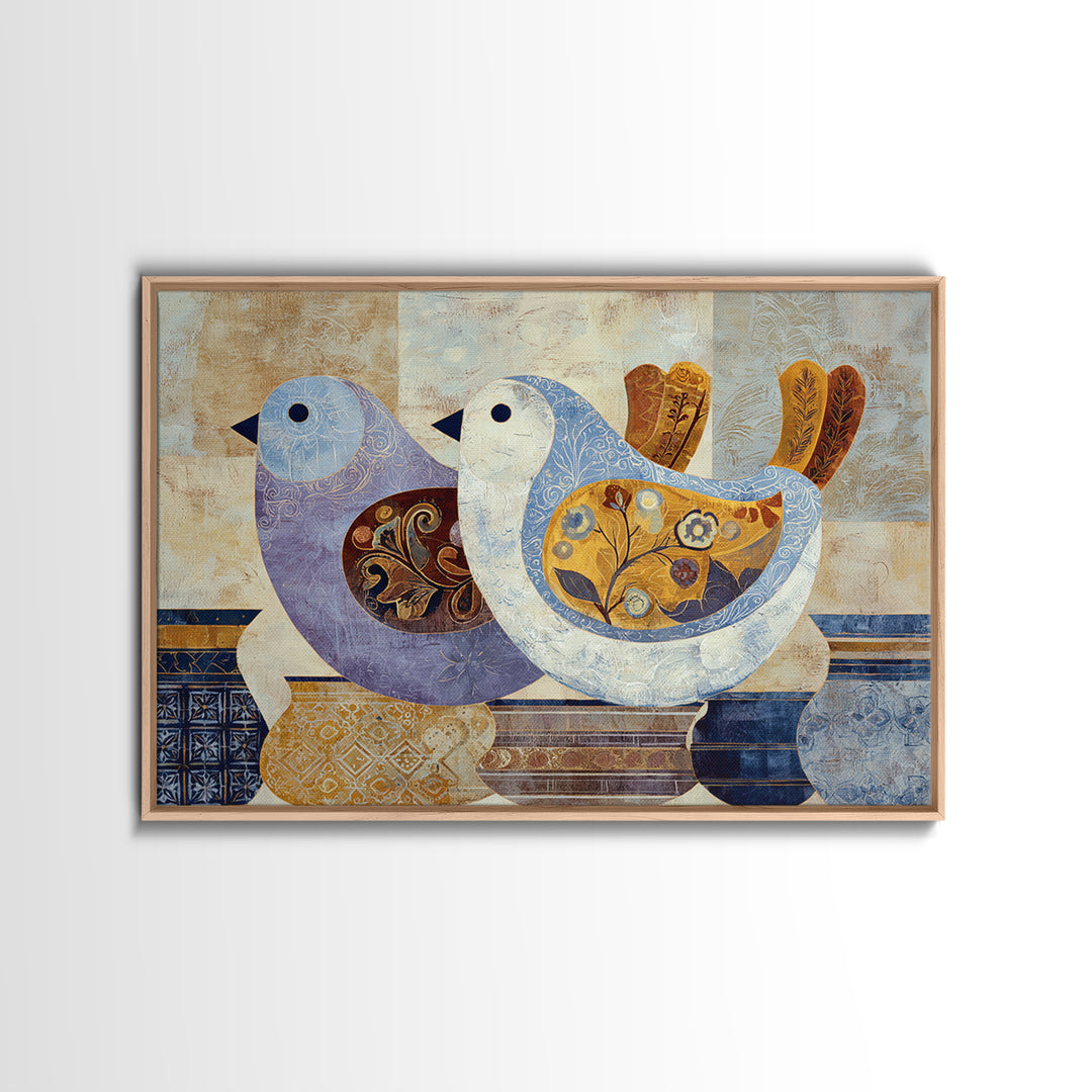Boho Bird Pair Framed Canvas Print, Boho Art, Art Nouveau, Living Room Decor, Bohemian 596, Wall Print, Set of Prints, BOH-3x2-96