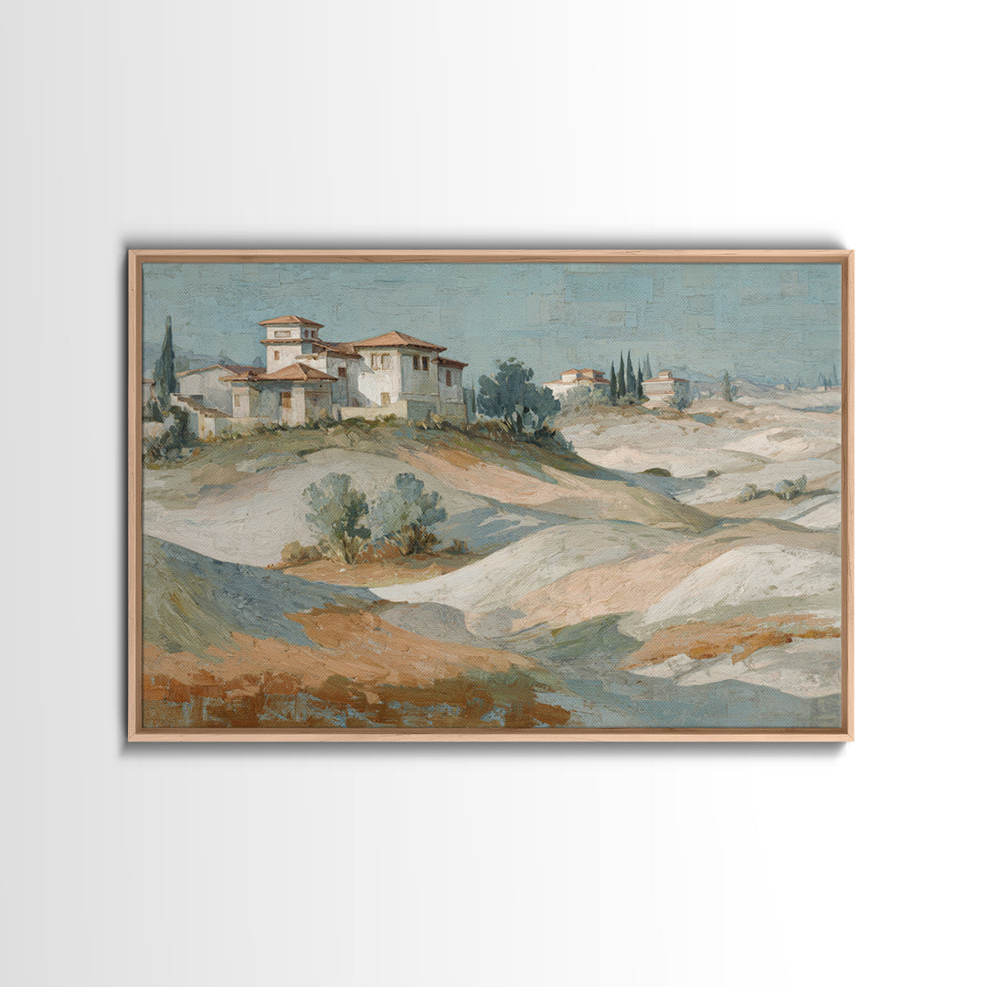 Sunrise over Rolling Dunes in Muted Peach Framed Canvas Print, Boho Art, Living Room Decor, Watercolor Art, Bohemian, BOH-3x2-97