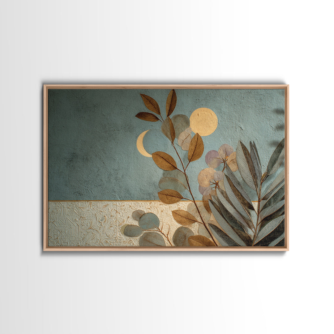 Sage Green Eucalyptus and Crescent Moon Framed Canvas Print, Boho Art, Garden Art, Living Room Decor, Fine Art, Bohemian, BOH-3x2-99