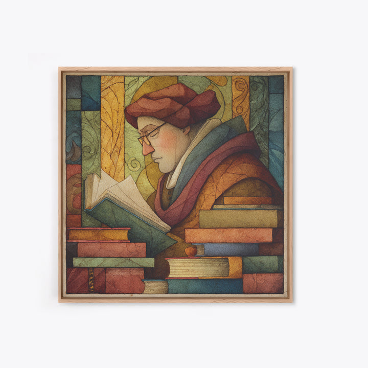 Renaissance Scholar Portrait Framed Canvas Print, Bookstore Art, Gallery Wall Art, Bookstore Decor, Fine Art, Literary, BOO-1x1-47