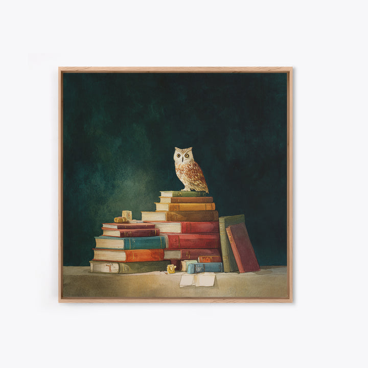Owl Perched on a Stack of Classics Framed Canvas Print, Bookstore Art, Fine Art Print, Bookstore Decor, Abstract Art, Literary, BOO-1x1-57