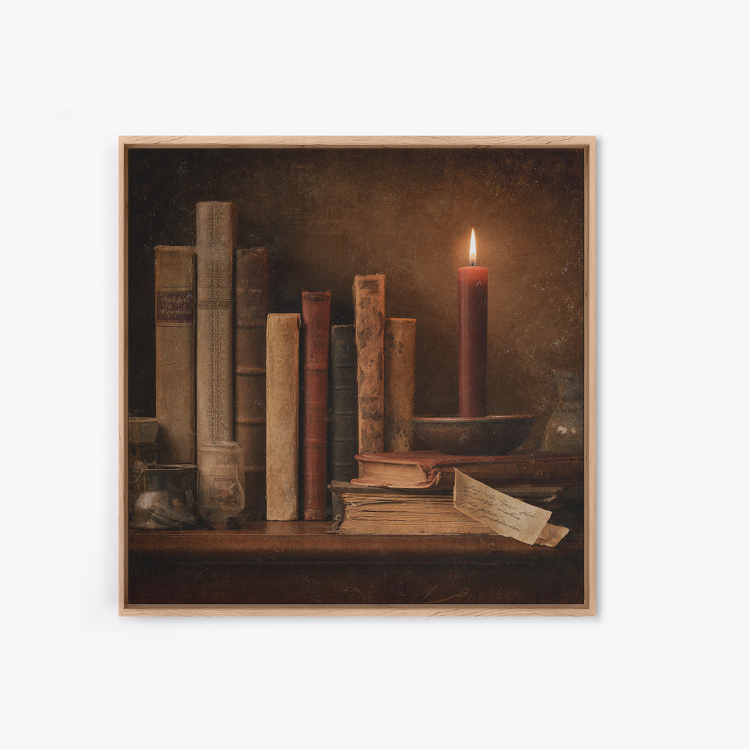 Dark Academia Candle and Book Still Life Canvas Print, Bookstore Art, Feminine Wall Art, Bookstore Decor, Literary, Art Print, BOO-1x1-58