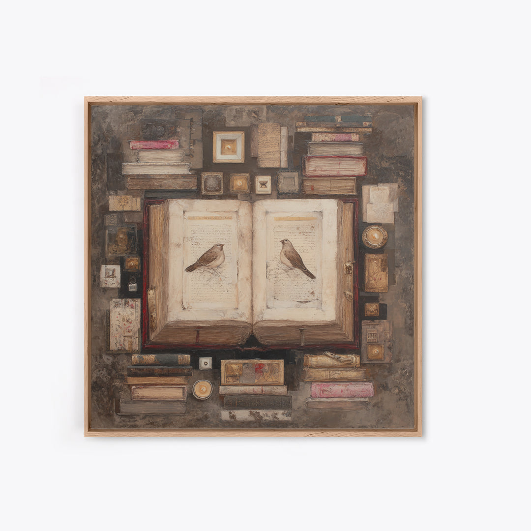 Flying Pages Transforming into Birds Framed Canvas Print, Bookstore Art, Autumn Wall Art, Bookstore Decor, Oil Painting, BOO-1x1-61