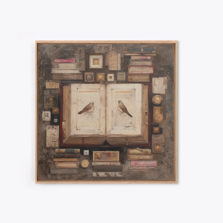 Flying Pages Transforming into Birds Framed Canvas Print, Bookstore Art, Autumn Wall Art, Bookstore Decor, Oil Painting, BOO-1x1-61