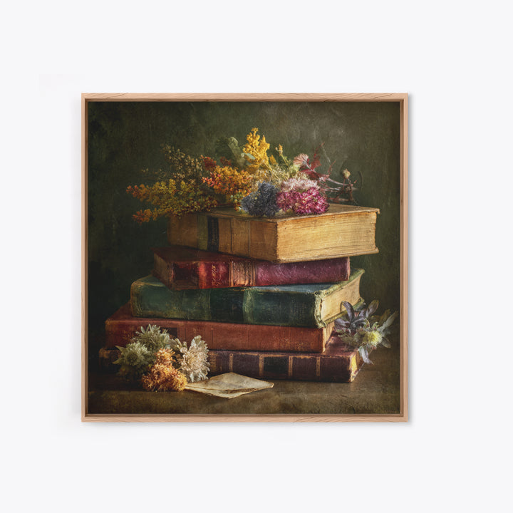 Stack of Antique Books Framed Canvas Print, Bookstore Art, Luxury Decor, Bookstore Decor, Fine Art, Literary, Pink Wall Art, BOO-1x1-73