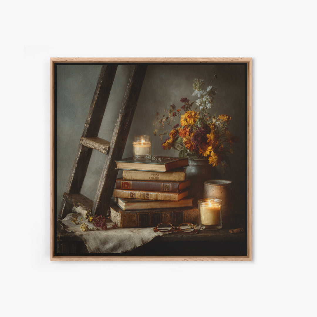 Old Library Ladder and Books Framed Canvas Print, Bookstore Art, Gallery Decor, Bookstore Decor, Fine Art, Literary, BOO-1x1-78