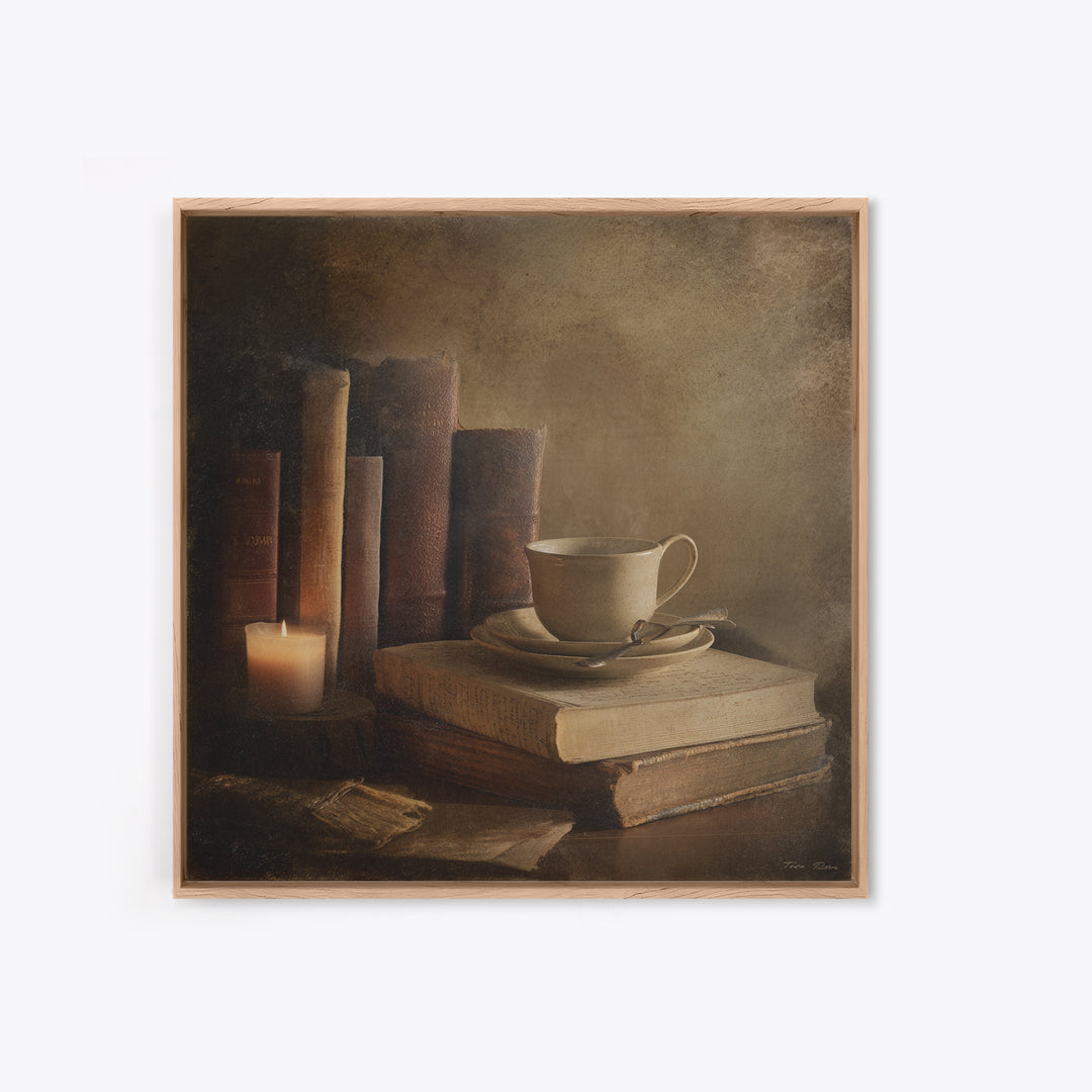 Teacup Beside a Worn Leather Bound Book Framed Canvas Print, Bookstore Art, Neutral Decor, Bookstore Decor, Fine Art, Literary, BOO-1x1-80