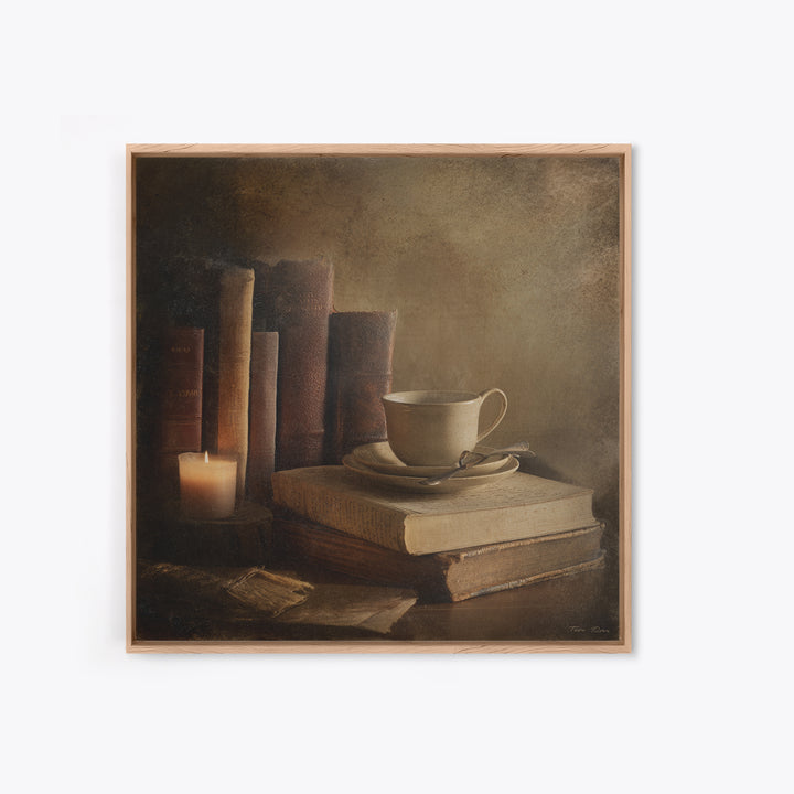 Teacup Beside a Worn Leather Bound Book Framed Canvas Print, Bookstore Art, Neutral Decor, Bookstore Decor, Fine Art, Literary, BOO-1x1-80