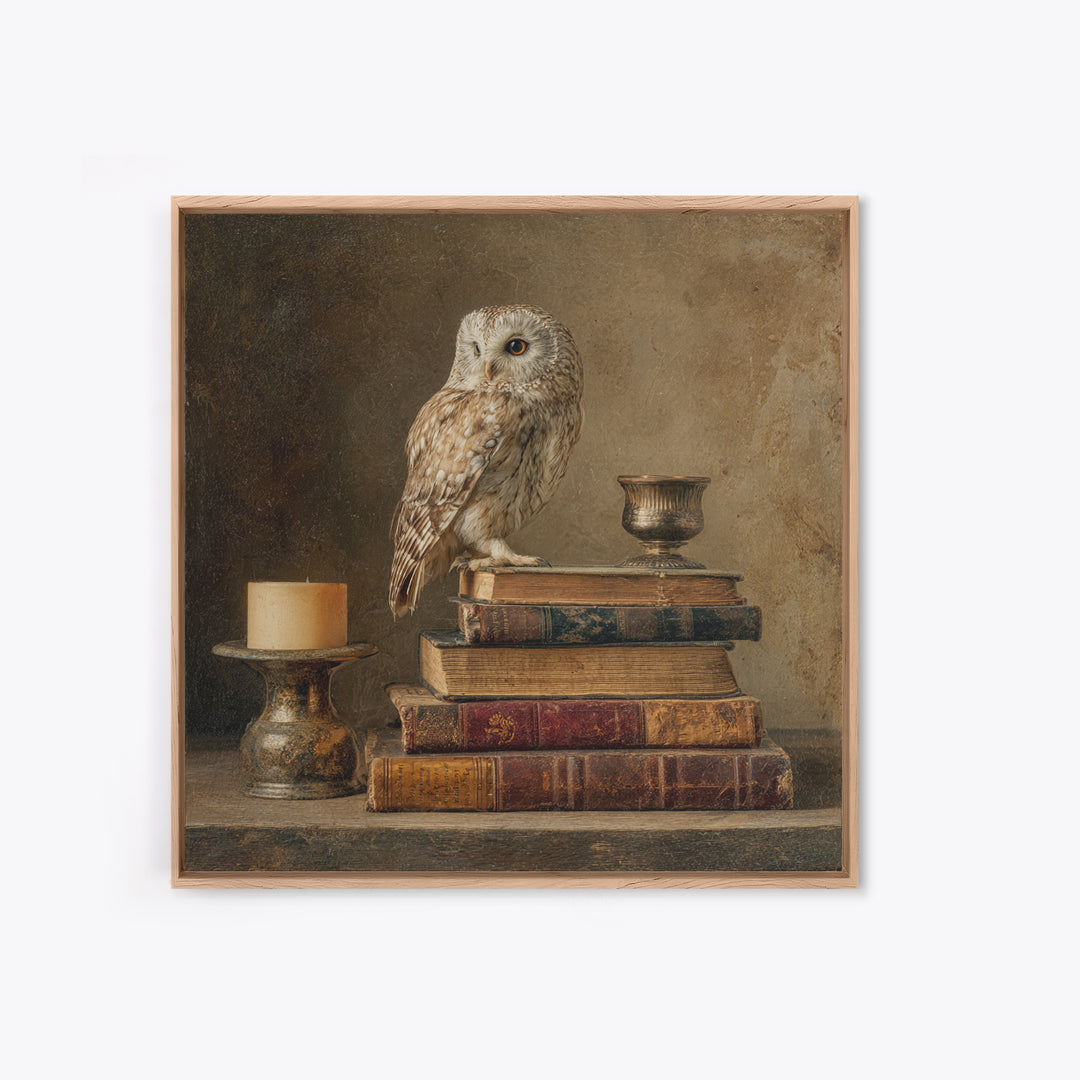 Owl Perched on a Stack of Classics Canvas Print, Bookstore Art, Textured Painting, Bookstore Decor, Fine Art, Literary, BOO-1x1-81