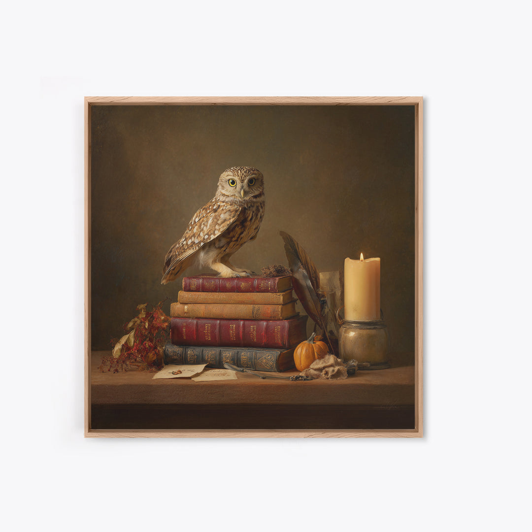 Owl Perched on a Stack of Classics Canvas Print, Bookstore Art, Pastel Wall Art, Bookstore Decor, Fine Art, Literary, BOO-1x1-9
