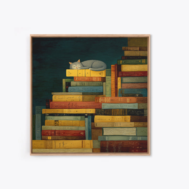 Cat Sleeping on a Pile of Novels Canvas Print, Bookstore Art, Statement Artwork, Bookstore Decor, Fine Art, Literary, BOO-1x1-98