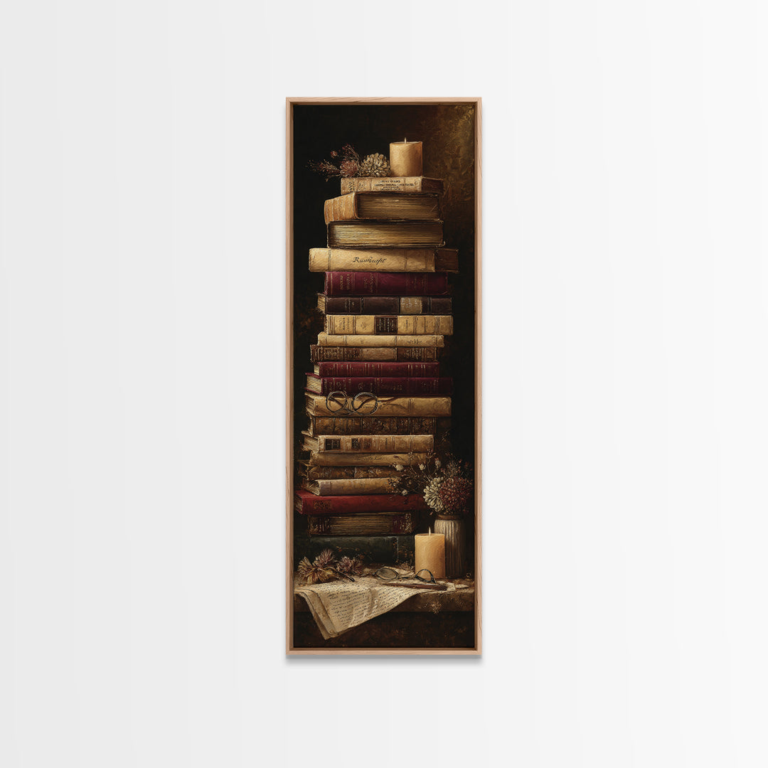 Warm Sepia Book Pile Canvas Print, Bookstore Art, Printable Wall Art, Bookstore Decor, Abstract Art, Literary, Whimsical Art, BOO-1x3-60