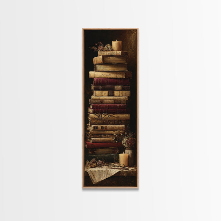 Warm Sepia Book Pile Canvas Print, Bookstore Art, Printable Wall Art, Bookstore Decor, Abstract Art, Literary, Whimsical Art, BOO-1x3-60
