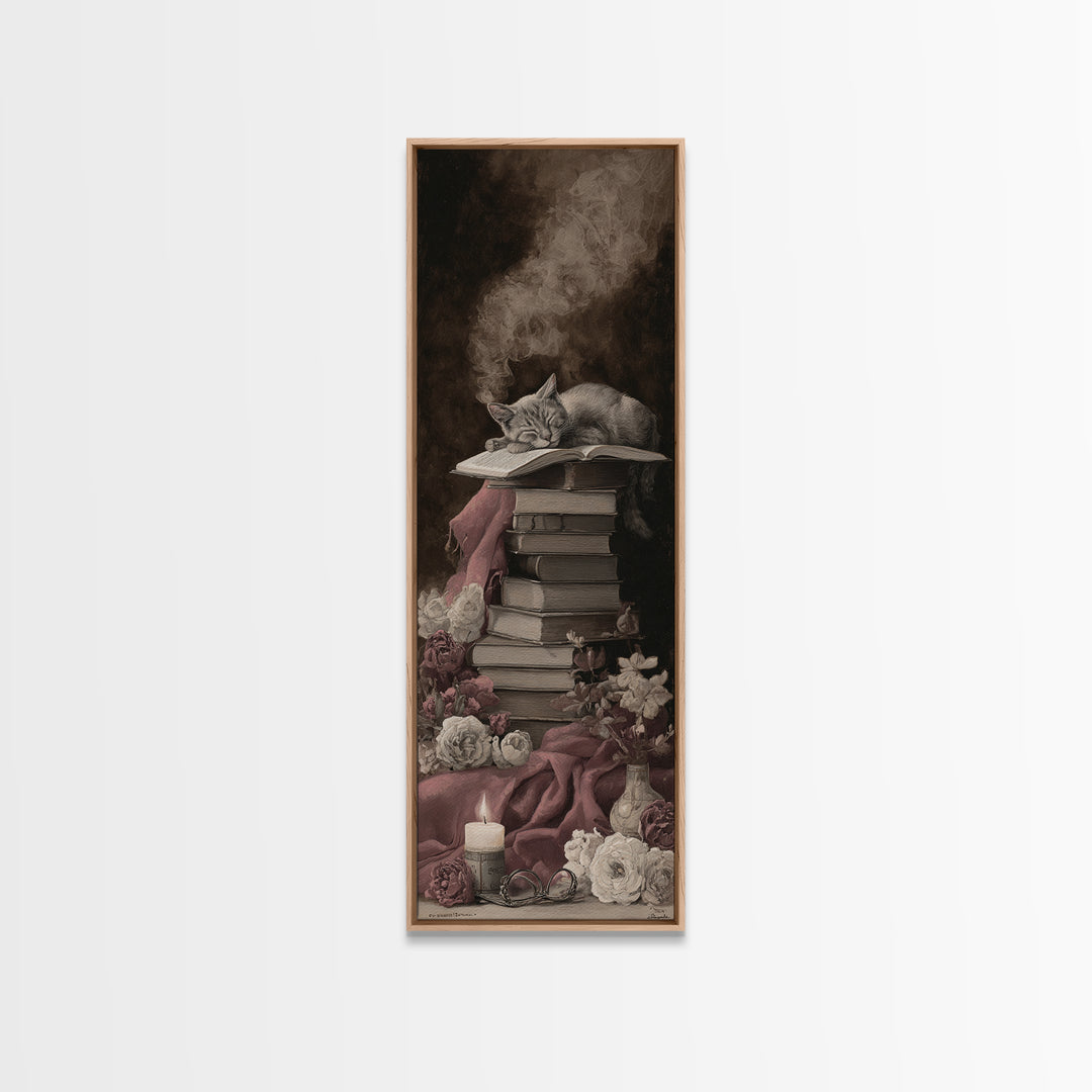 Cat Sleeping on a Pile of Novels Framed Canvas Print, Bookstore Art, Wall Decor, Bookstore Decor, Fine Art, Literary, BOO-1x3-62