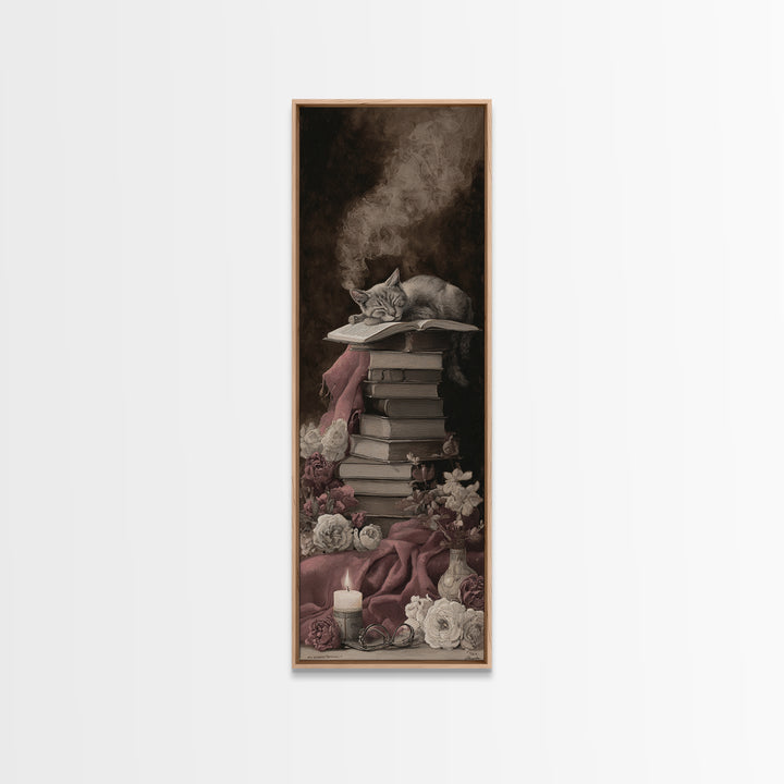 Cat Sleeping on a Pile of Novels Framed Canvas Print, Bookstore Art, Wall Decor, Bookstore Decor, Fine Art, Literary, BOO-1x3-62