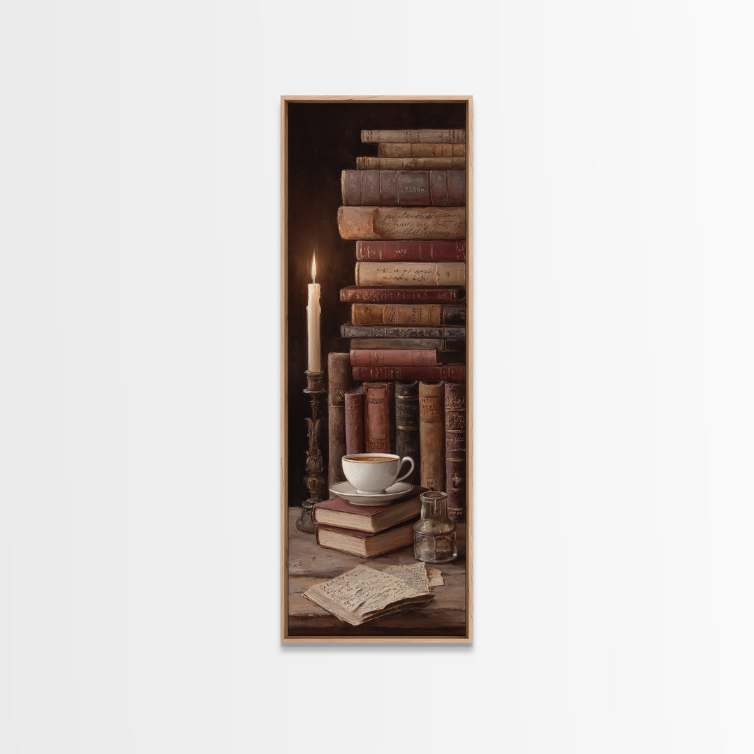 Teacup Beside a Worn Leather Bound Book Canvas Print, Bookstore Art, Library Decor, Bookstore Decor, Fine Art, Literary, BOO-1x3-68