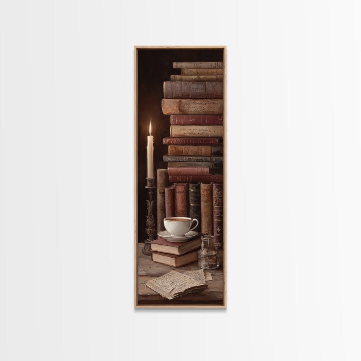 Teacup Beside a Worn Leather Bound Book Canvas Print, Bookstore Art, Library Decor, Bookstore Decor, Fine Art, Literary, BOO-1x3-68