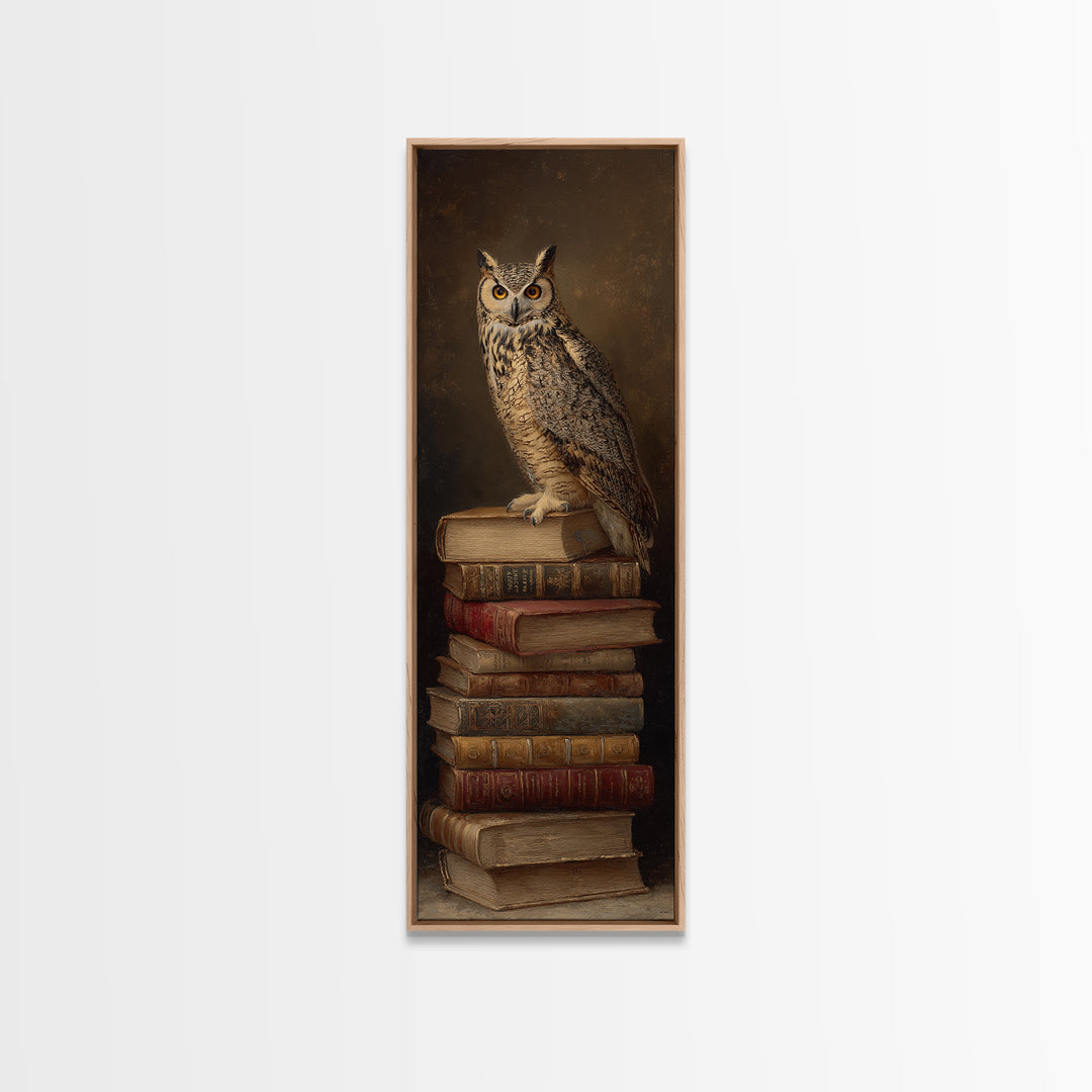 Owl Perched on a Stack of Classics Framed Canvas Print, Bookstore Art, Boho Decor, Bookstore Decor, Oil Painting, Literary, BOO-1x3-69