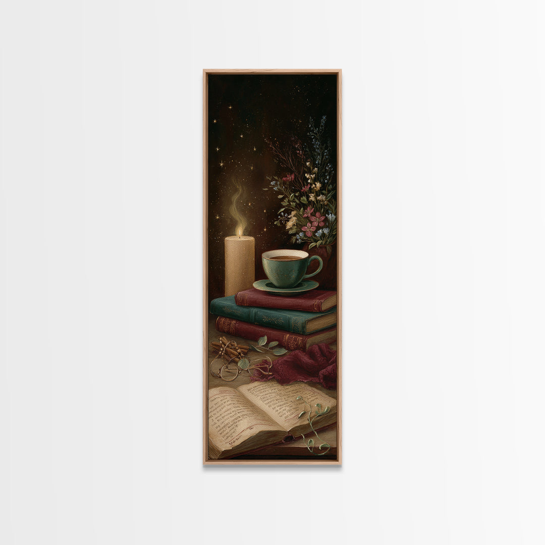 Teacup Beside a Worn Leather Bound Book Framed Canvas Print, Bookstore Art, Office Art, Bookstore Decor, Fine Art, Literary, BOO-1x3-92